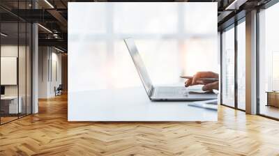 man hands typing on computer keyboard closeup banner, businesswoman or student girl using laptop at home, online learning, internet marketing, working from home, office workplace freelance concept. Wall mural