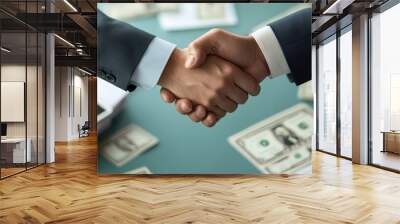 A close-up of two business professionals shaking hands over a table stacked with money, symbolizing agreement and partnership. Wall mural