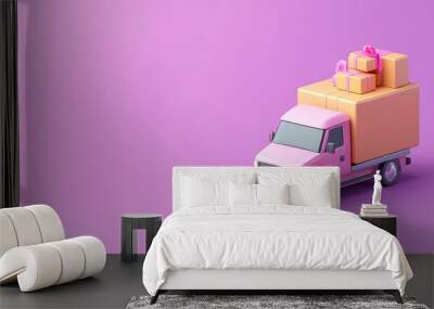 A cute pink delivery truck loaded with colorful gifts delivers joy against a pastel purple background. Wall mural