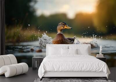 A duck splashing water while swimming in a serene lake during sunset. Wall mural