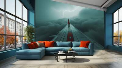 Airplane wing above dark clouds with lightning in a dramatic sky. Wall mural