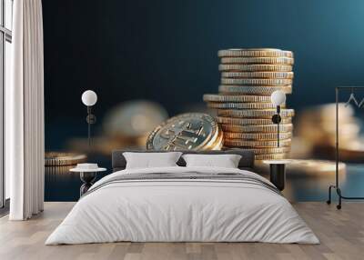 Close-up of gold coins stacked against a blurred background, illustrating wealth, finance, and investment concepts. Wall mural