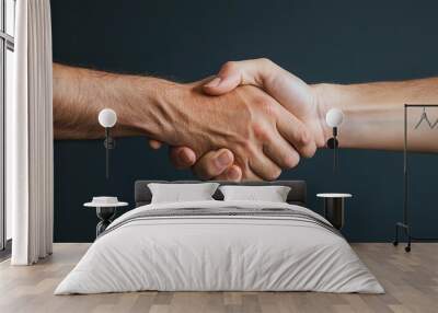 Close-up of two people shaking hands, symbolizing agreement, partnership, and collaboration in a professional setting. Wall mural