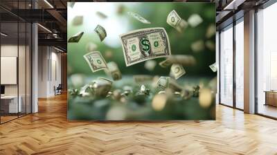 Dynamic scene of money flying through the air, symbolizing wealth, prosperity, and financial success amidst a lush background. Wall mural