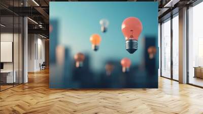 Floating light bulbs over a city skyline representing innovation and ideas. Wall mural