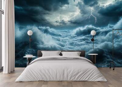 Stormy ocean waves under dark, dramatic skies with lightning in the background. Wall mural