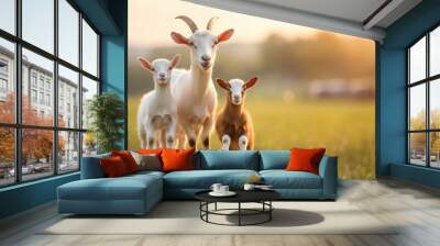 Three goats standing together in a lush green field during sunset. Wall mural