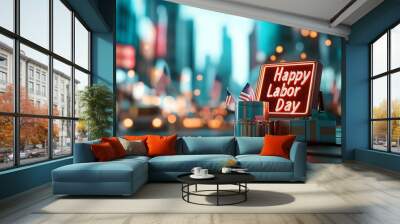 Vibrant city scene celebrating Labor Day with neon sign and festive elements, perfect for showcasing holiday spirit. Wall mural