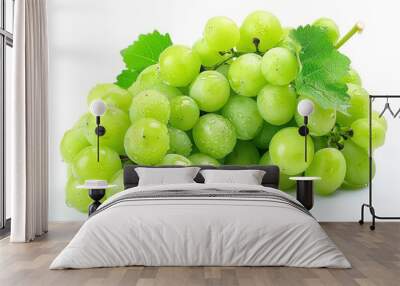 A bunch of green grapes with leaves, isolated on a white background. Wall mural