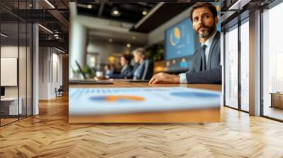 A businessman in a suit sits at a conference table, looking at the camera with a serious expression. He has a laptop in front of him and a chart on the table. Wall mural