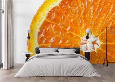 A close-up of a juicy orange slice against a white background. The orange is ripe and full of vitamins, perfect for a healthy snack. Wall mural