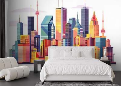 A colorful cityscape with tall buildings and a clear sky. The city is filled with vibrant colors, perfect for illustrating urban life and development. Wall mural