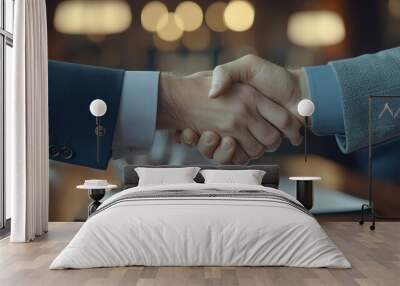 Two businessmen shaking hands over a signed contract, symbolizing a successful deal and partnership. Wall mural