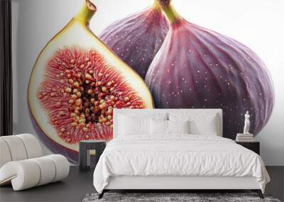 Two ripe figs, one sliced open, isolated on a white background. Wall mural