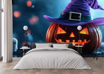 A carved pumpkin wearing a witch hat sits in a spooky Halloween scene. Wall mural