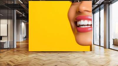 A close-up of a woman's joyful smile, her healthy teeth perfectly aligned, her skin glowing,copy space for text, Wall mural