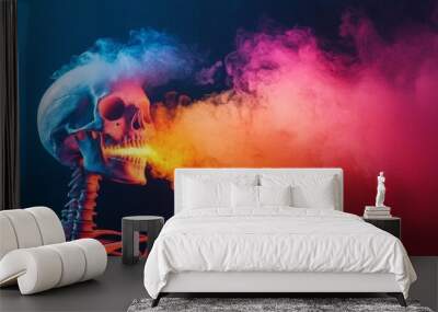 A skeleton wielding a staff, colorful smoke spiraling from the tip Wall mural