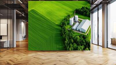 Aerial view of a modern factory with clean industrial lines, surrounded by green fields and wide-open spaces Wall mural