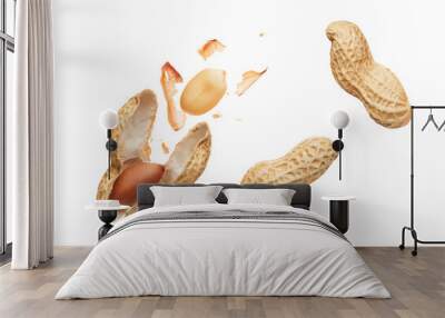 Opened shell peanut and unpeeled peanuts over white background Wall mural