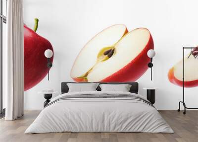 Set of fresh whole, cut half and slice red apple isolated on white background Wall mural