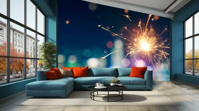 Sparkler with blurred city light background, Happy New Year Wall mural