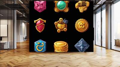 RPG Game Icon Pack: Cartoon-Style UI Elements, Fantasy Coins, Gear, Settings Icons, Vector Graphics on Black Background, Generative ai Wall mural