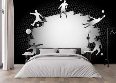 Soccer football stadium field with player silhouettes set on silver flat background. Poster template illustration. Championship cup modern isolated vector 2nd place design concept Wall mural