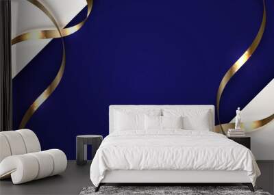 3D modern luxury template design white stripes with golden ribbon curly and lighting on blue background Wall mural