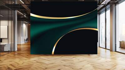 Abstract 3D liquid or fluid green emerald metallic color with lighting effect with golden ribbon lines isolated on black background Wall mural