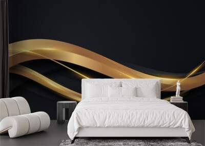 Abstract elegant 3D golden wave lines shapes on black background luxury style with lighting effect Wall mural