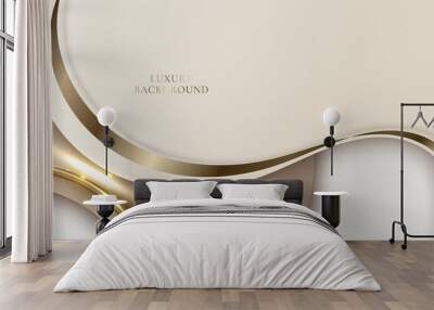 Abstract elegant white and brown wave shape with 3D golden curved ribbon lines rounded Wall mural