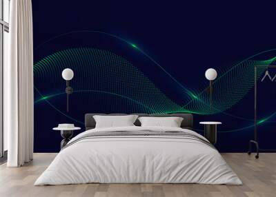 Abstract green wavy lines with dots particles and lighting on dark blue background. Wall mural