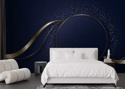 Abstract modern luxury dark blue circle shape and golden ring with gold glitter ribbon lines on dark background Wall mural