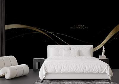 Abstract modern luxury golden wave lines and ribbon gold particles with lighting effect on black background Wall mural