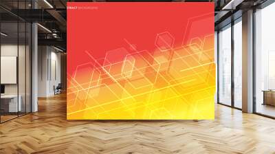 Abstract technology concept geometric hexagon with lines diagonal on red and yellow background. Wall mural