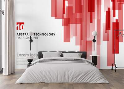 Abstract technology vertical overlapped geometric squares shape red colour on white background with copy space. Wall mural