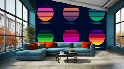 Set of badges abstract gradient colorful circles isolated on dark background retro 70s 80s style Wall mural