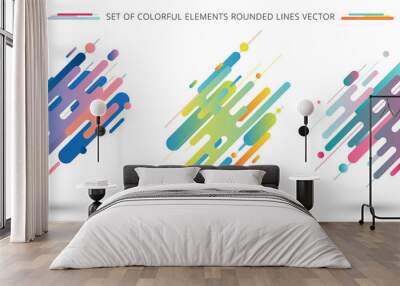 Set of colorful rounded lines shapes in diagonal rhythm dynamic composition on white background. Wall mural