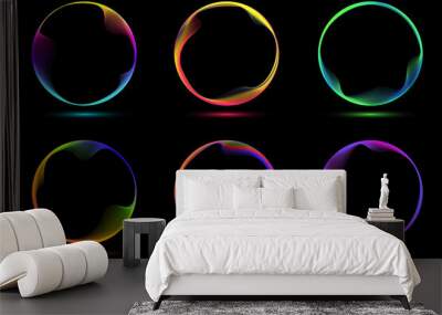 Set of glowing neon color circles round curve shape with wavy dynamic lines isolated on black background Wall mural