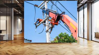 Two electrician workers are climbing on the electric poles to install and repair power lines. Wall mural