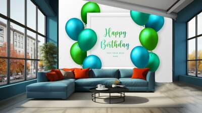 3D realistic emerald green blue ballon and frame Happy Birthday celebration card banner template background Wall mural