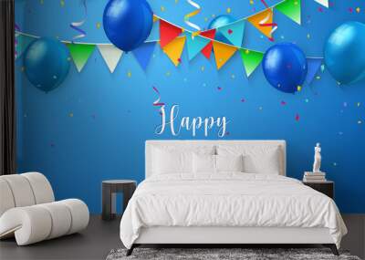 Blue ballon and colorful ribbon Happy Birthday celebration card banner template background Wall mural