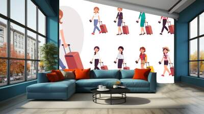 Cartoon character design female tourist with luggage and passport collection Wall mural