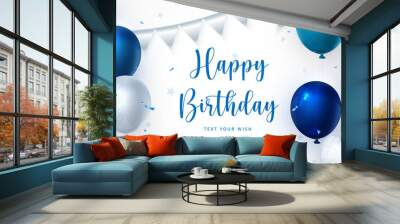 Elegant blue ballon and ribbon Happy Birthday celebration card banner template background Wall mural