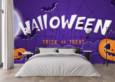 happy halloween purple tone full moon night background pumpking lantern and bat Wall mural