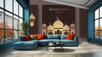 Islamic paper art background collection, lantern Mosque building and crescent star. suitable for Ramadan, Raya Hari, Eid al Adha Islamic holiday Wall mural