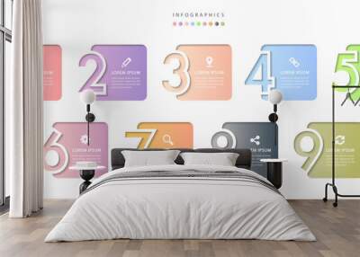 Vector infographic design UI template colorful gradient 9 relief number labels and icons Wall mural