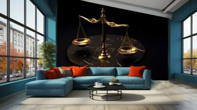 Legal counsel, justice scales, gold law emblem on dark surface. Generative AI Wall mural