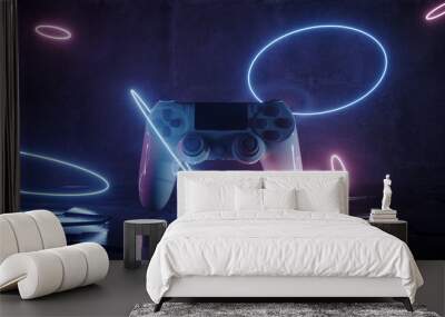 Sci Fi Future Gaming Joystick Neon Laser Circles Glowing Purple Blue On Concrete Tiled Floor Hexagone Synth Cyberpunk Epic Adventure Dark Room 3D Rendering Wall mural