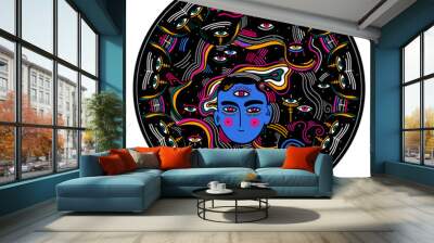 modern psychedelic round composition of beautiful mystery person with third eye in another realm. Wall mural